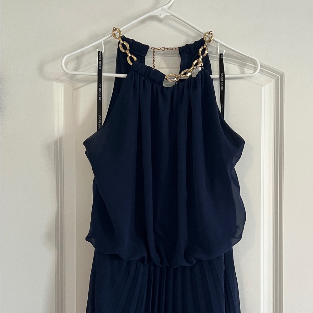 Bisou Bisou Navy Pleated Halter Maxi Dress with Chain Accent - Picture 2 of 10